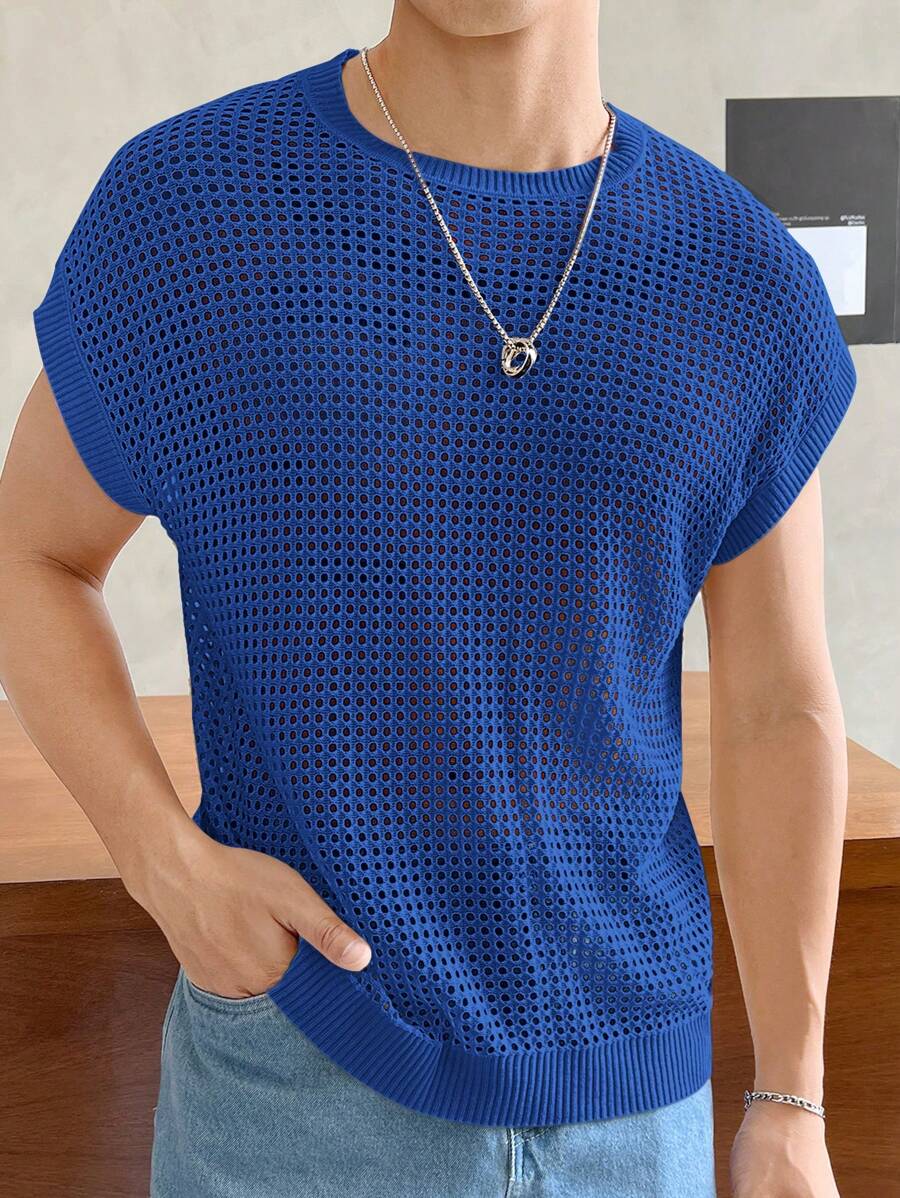 Manfinity Homme Top de punto abierta de manga de murciélago de unicolor y corte holgado para hombre - Azul - Ver 1