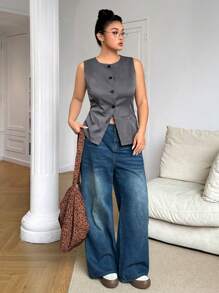 SHEIN EZwear 大码灰色无袖纽扣前背心外套 - 深灰色 - 查看 2
