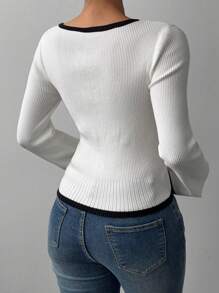 SHEIN BASICS Women's Casual Fitted Long Sleeve Contrast Color Trim Sweater - White - View 2