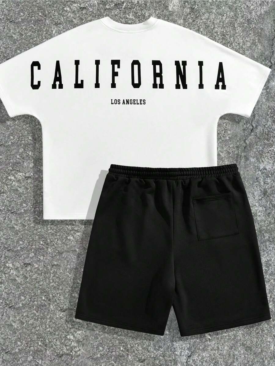 Manfinity NXTstreet Men's Casual Letter Print Loose T-Shirt And Shorts Set - White - View 1