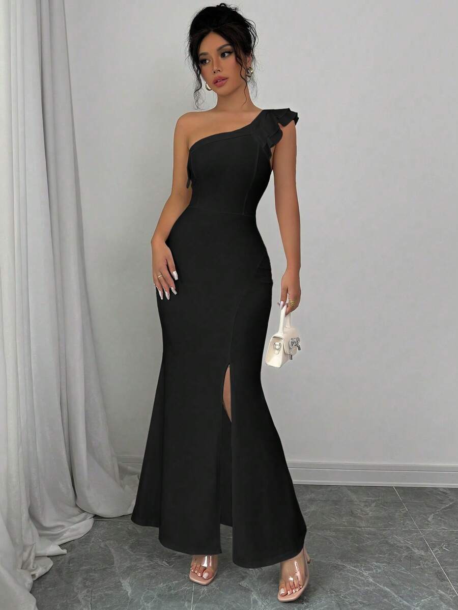 Elenzga Vestido largo estilo sirena con volantes y abertura elegante - Negro - Ver 1