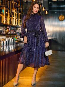 SHEIN Clasi Vestido morado brillante con mangas largas, semi-transparente y forrado, talla grande, elegante para fiesta de Año Nuevo - Morado - Ver 6