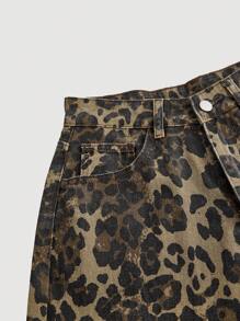 SHEIN MOD Women's Front Button Pocket Leopard Print Simple Casual Denim Jeans - Multicolor - View 4