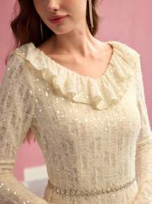 MOTF PREMIUM SEQUIN RUFFLE TRIM MIDI DRESS,SPRING/SUMMER