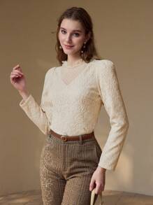 MOTF PREMIUM CONTRAST MESH FRILL NECK TOP - Apricot - View 9