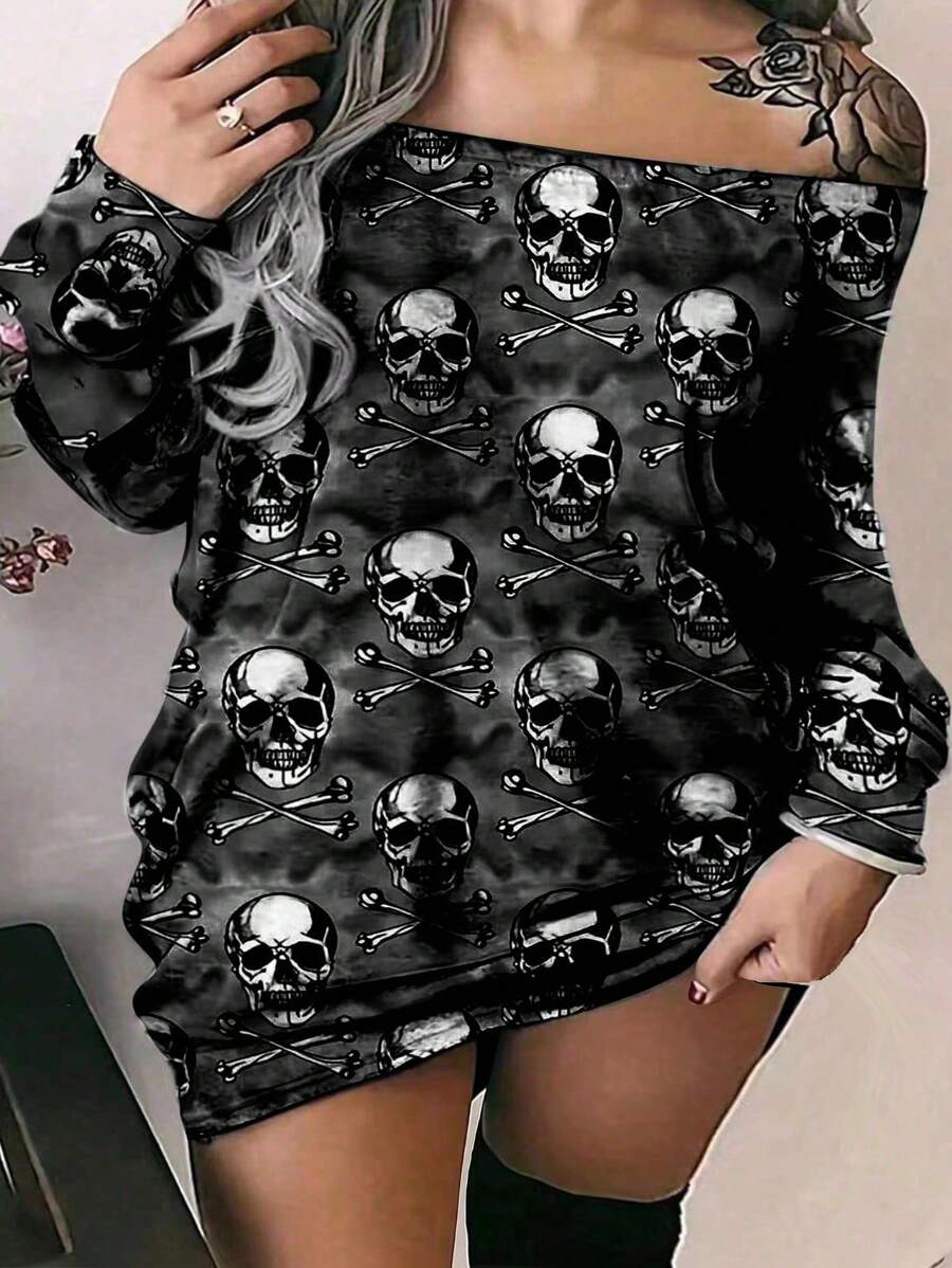 INAWLY 大码女式哥特式全身骷髅印花露肩连衣裙 - 黑色 - 查看 1