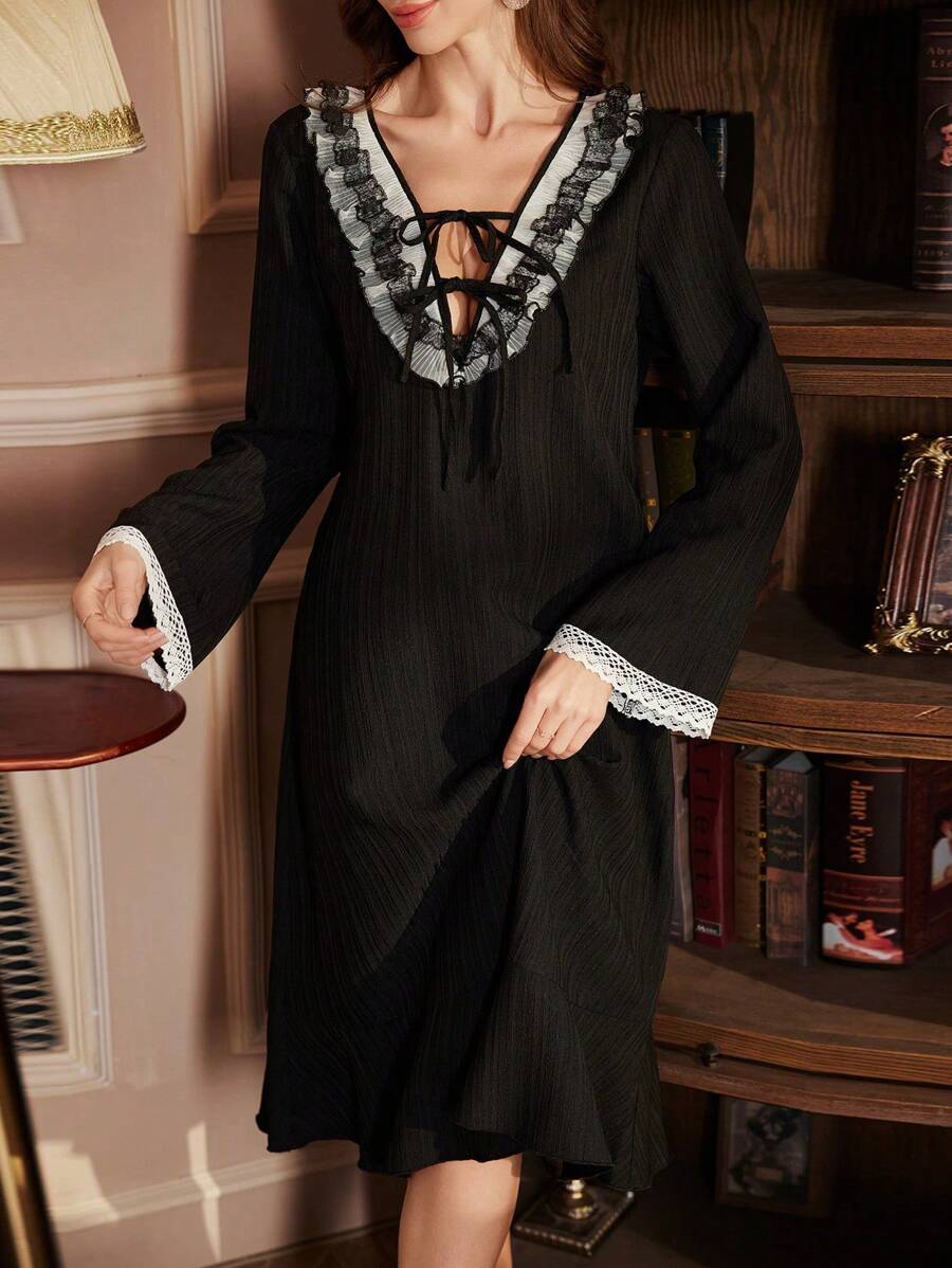 PalaceNights Color Block Ruffled Deep V-Neck Tie-Front Bow Decor Bell Sleeve Nightgown