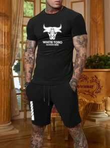 GymBeat Men's Graphic Print Round Neck Short Sleeve T-Shirt And Shorts 2 Pieces Casual Sports Outfit Gym Set Workout Set - Black - View 5