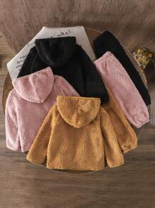 SHEIN 2pcs Baby Boy/Girl Set: Solid Color Knitted Loose Hooded Jacket & Knitted Plush Warm Pants, Buy 1 Get 1 Free - Khaki - View 2