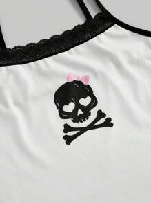 ROMWE Kawaii Skull & Bow Print Lace Patchwork Contrast Color Strap Pajama Set - Black and White - View 3