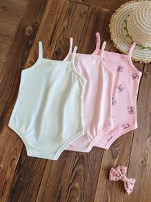 SHEIN Vintaside Kids 3件套女婴春夏休闲日常柔软针织蝴蝶结图案连体衣套装，甜美可爱粉色 - 粉色 - 查看 2