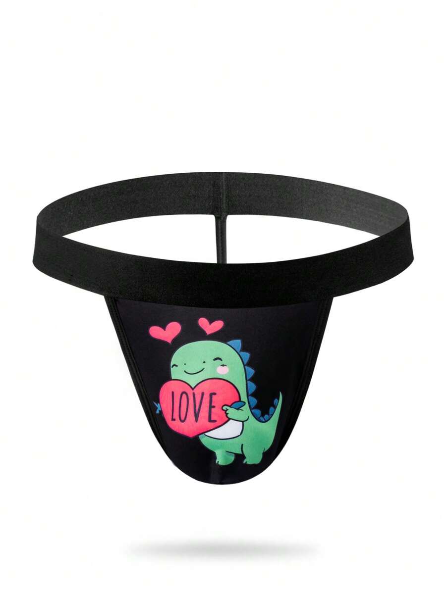 Men's Heart & Dinosaur Print Sexy Thong Briefs - Green - View 1