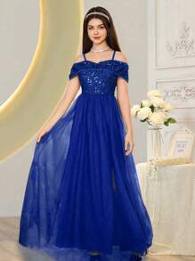 SHEIN Vestido con lentejuelas para dama de honor adolescente con hombros descubiertos y lazo, corte evasé con abertura, de alta gama adecuado para ocasiones formales, baile de graduación, boda, fiesta de cumpleaños, presentación
