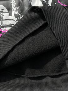 SHEIN Tween 女童运动休闲连帽图案运动衫和紧身裤 2 件套 - 黑色 - 查看 6