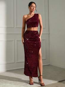 SHEIN Cottnline Sequined One-Shoulder Top With Side Draped Maxi Skirt Matching Set - Burgundy - View 3
