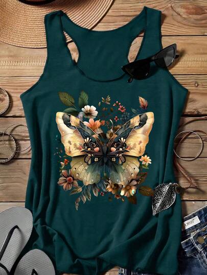 SHEIN LUNE Camiseta de tirantes casual con estampado de flores y mariposas para mujer, primavera/verano