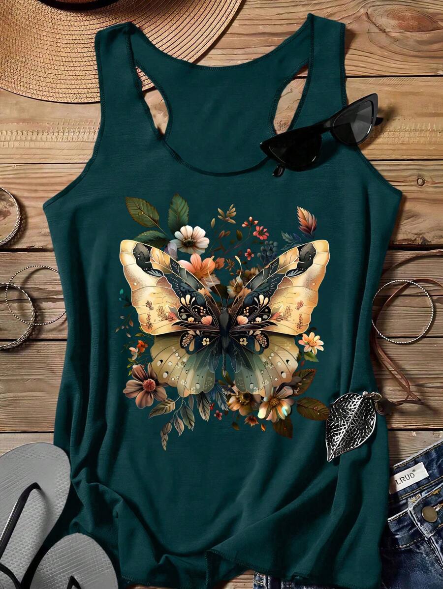 SHEIN LUNE Camiseta de tirantes casual con estampado de flores y mariposas para mujer, primavera/verano - Verde Oscuro - Ver 1