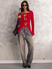 COSMINA Women's Fashionable Solid Color Hollow Out Lace-Up Sweater, Autumn - Red - View 4