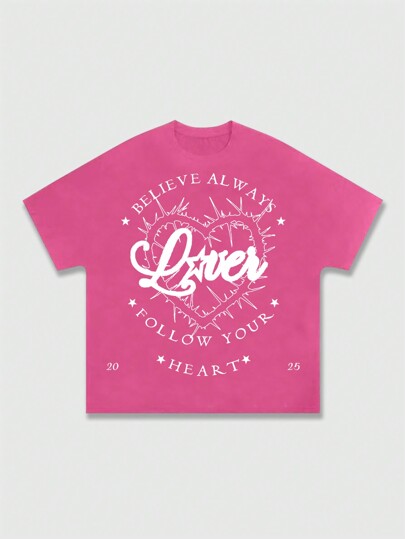 Street Life Camiseta de manga corta para hombres con estampado de corazón y letras, apropiada para uso diario, primavera/verano, Día de San Valentín