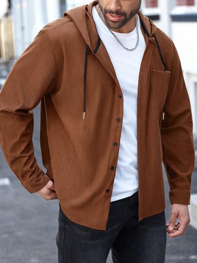 Manfinity Homme 大码男式纯色前扣长袖口袋简约连帽夹克，灯芯绒