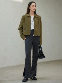 Dazy-Less Kurze anliegende PU-Lederjacke für Frauen, Herbstkleidung