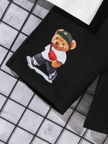 2pcs Young Boy Cartoon Bear Print Round Neck Short Sleeve T-Shirt And Shorts Casual Set