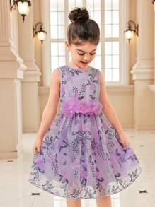 SHEIN Elegant Young Girls 2 Pieces Set:Abaya Vest Jacket Shirt Cardigan,Embroidered Illusion Mesh Overlay Dress,3D Floral Belt,7th Birthday,Summer Events - Multicolor - View 3