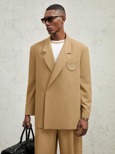 AKNOTIC Formal 男士编织宽肩带宽松金属链休闲宽肩带翻领前开式驼色西装外套，适合秋冬