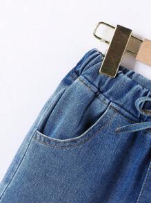 SHEIN Young Boy All-Match Casual Elastic Waist Loose Fit Comfortable Washed Jeans, 2025 New Arrival - Medium Wash - View 3