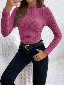 SHEIN Frenchy Slim Fit Ribgebreid T-shirt Groen Shirring Met Plooien Aan De Zijkant