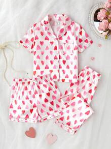 SHEIN 3 Stücke/Set Niedlicher Teenager Herzschlag Farbverlauf Muster Kurzarm Strickjacke mit lässiger Shorts/Hose Pyjama Set - Pink - Übersicht 5