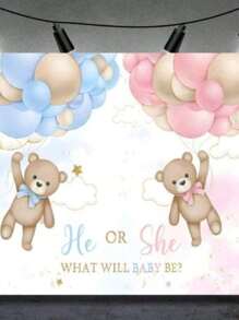 性别揭示背景他或她家庭聚会摄影背景蓝色或粉色熊气球横幅道具