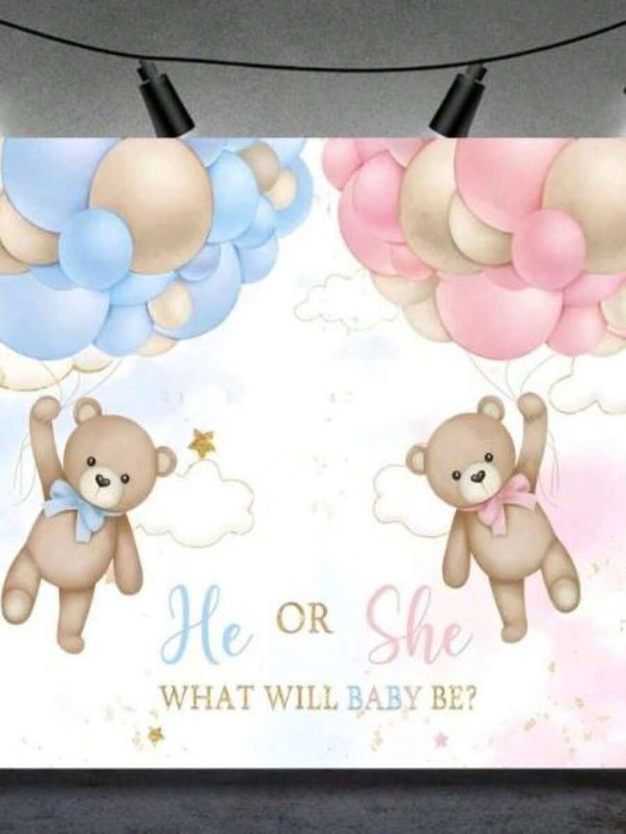 性别揭示背景他或她家庭聚会摄影背景蓝色或粉色熊气球横幅道具