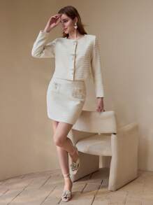 MOTF PREMIUM TEXTURED RHINESTONE BOW DECOR BOXY JACKET - White - View 8