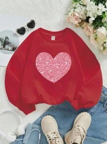 SHEIN Leap Crew Tween Girls Casual Graphic Pattern Crew Neck Thick Sweatshirt, Suitable For Autumn/Winter - Burgundy - View 1