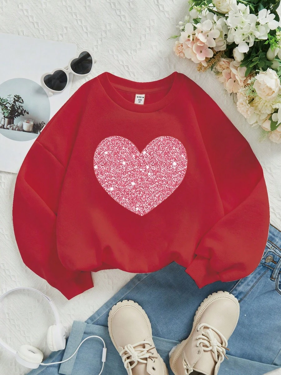 SHEIN Leap Crew Tween Girls Casual Graphic Pattern Crew Neck Thick Sweatshirt, Suitable For Autumn/Winter - Burgundy - View 1