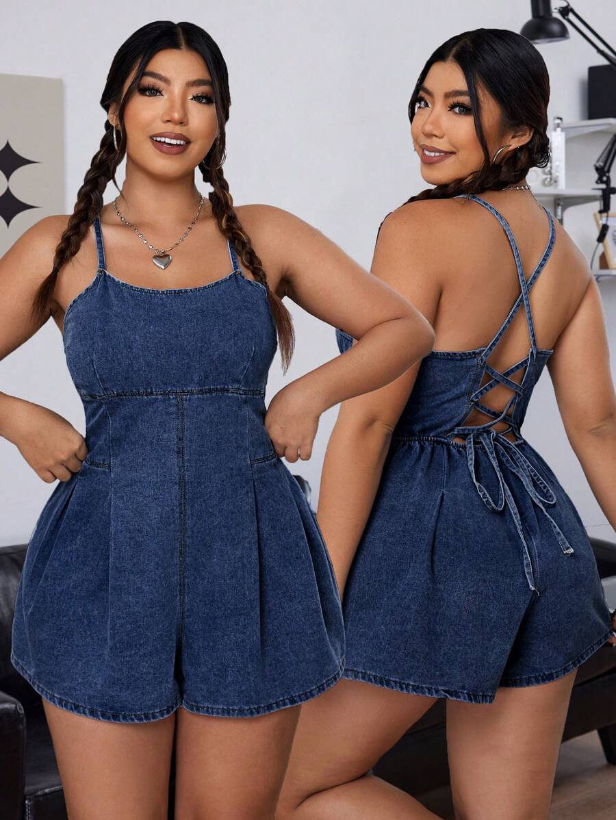 SHEIN ICON Plus Size Women's Crossover Halter Backless Denim Romper - Dark Wash - View 1