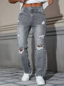Manfinity LEGND Men's Front Button Pocket Ripped Casual Jeans, Everyday Wear - Dark Grey - View 3