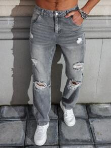 Manfinity LEGND Men's Front Button Pocket Ripped Casual Jeans, Everyday Wear - Dark Grey - View 6