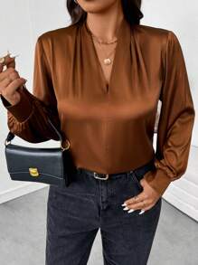 SHEIN Essnce Plus Size Women's Spring Vacation New Fashion Commuter Business Casual Elegant Women's French Satin V-Neck Long-Sleeved Design Outing Blouse