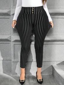 SHEIN Clasi 大码女式条纹纽扣装饰时尚紧身裤，适合办公室和通勤 - 黑與白 - 查看 3