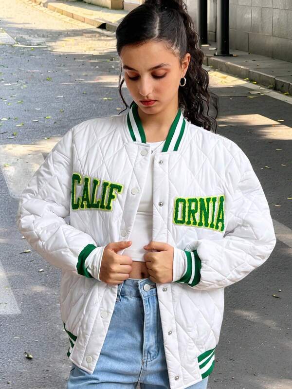 SHEIN Veste de baseball graphique vintage à couleurs contrastées avec lettrage, style universitaire de la rue