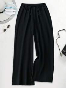 SHEIN LUNE Pantalones anchos y largos sueltos de moda para mujeres de talla grande - Negro - Ver 1
