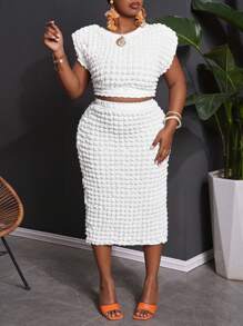 Slaydiva 2pcs/Set Plus Size Women 2025 Casual White Basic Daily & Party Elegant Relaxed Blouse Top With Bubble Textured Fabric & Fitted Skirt - White - View 4