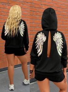 SHEIN LUNE Plus Size Autumn Fashionable Sequin Wing Graphic Hollow Back Hoodie Thanksgiving Outfit Women New Years