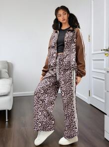 SHEIN 少女豹纹系带简约风格长裤，日常休闲装 - 棕色 - 查看 4