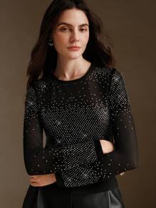 Anewsta Fashionable Long Sleeve Mesh Blouse With Rhinestones, Office Wear For Autumn - Black - View 5