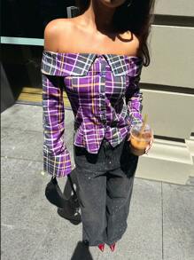 Forever 21 优雅修身长袖格子上衣，适合春夏季、情人节、办公室、度假、西式风格、Y2K、正式、复古、露肩、音乐会、极简主义、复古、独特、斯德哥尔摩风格、机场、工作、节日派对 - 彩色 - 查看 3