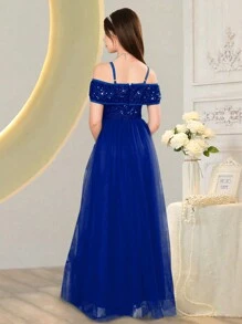 SHEIN Vestido con lentejuelas para dama de honor adolescente con hombros descubiertos y lazo, corte evasé con abertura, de alta gama adecuado para ocasiones formales, baile de graduación, boda, fiesta de cumpleaños, presentación