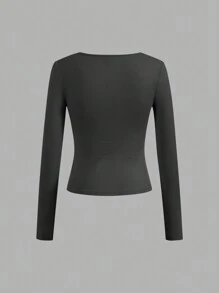SHEIN Essnce 4 件纯色方领长袖女式 T 恤，休闲百搭，春/秋 - 彩色 - 查看 9